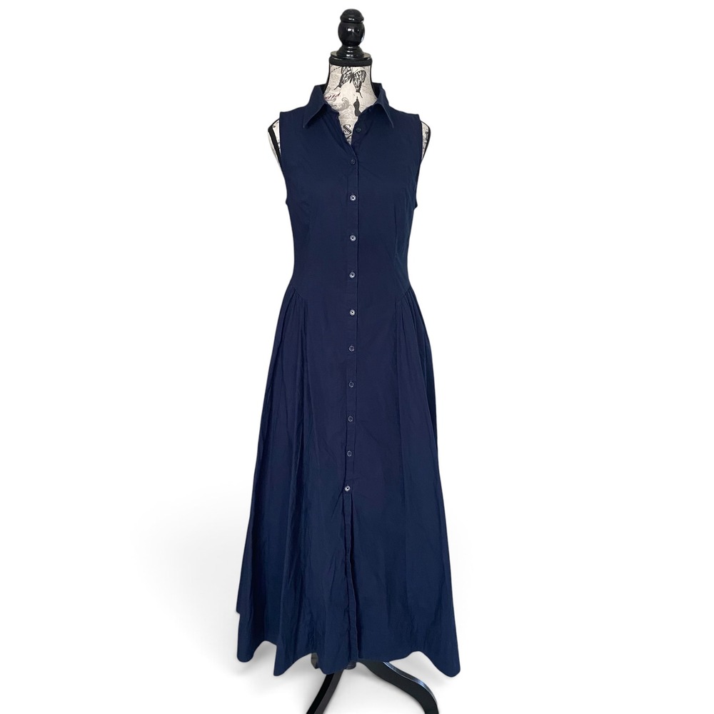 Wilfred Aritzia Shirt Dress Women 10 Navy Sleeveless Maxi A-Line Button Front